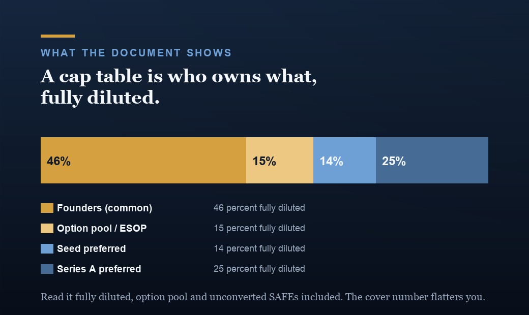 An illustrative cap table broken into ownership layers: founders and common at about 46 percent, the option pool at 15 percent, Seed preferred at 14 percent, and Series A preferred at 25 percent, stacked into a single bar.