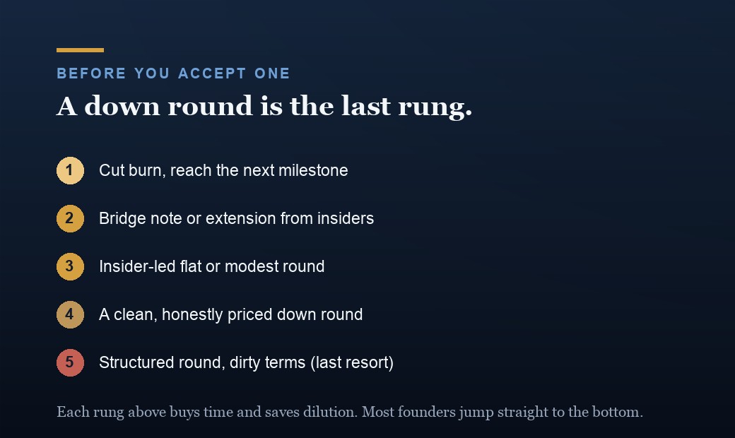 A ladder of options before a down round: cut burn to a milestone, bridge or extension, insider flat round, clean lower-priced round, and last, a flat round with toxic structure.
