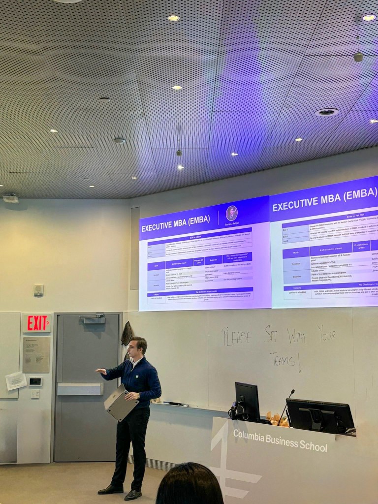 Tomasz Felpel presenting at Columbia Business School during an Executive MBA session.